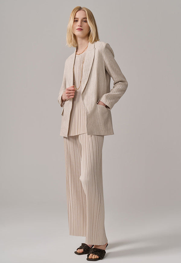 Choice Striped Long Sleeve Linen Blazer Beige