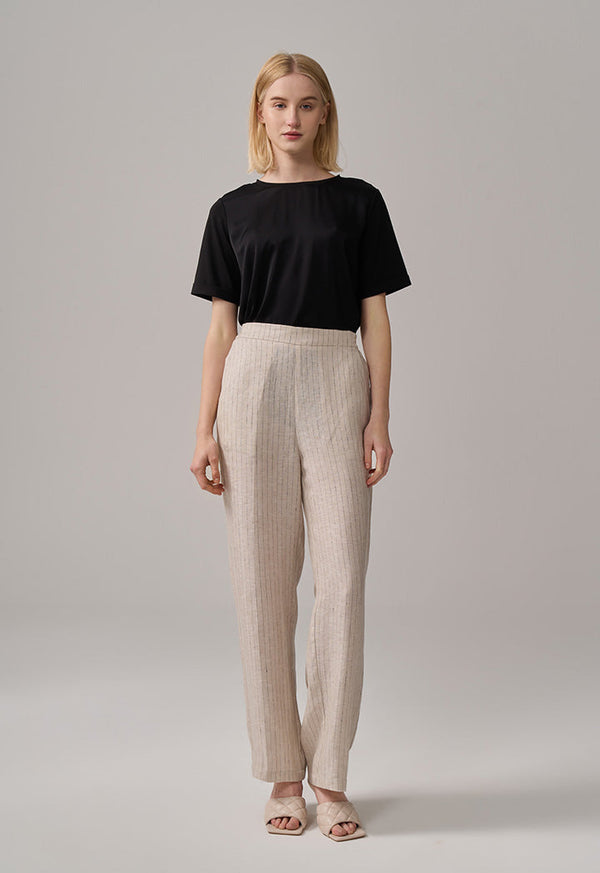 Choice Striped Wide Legs Linen Trousers Beige