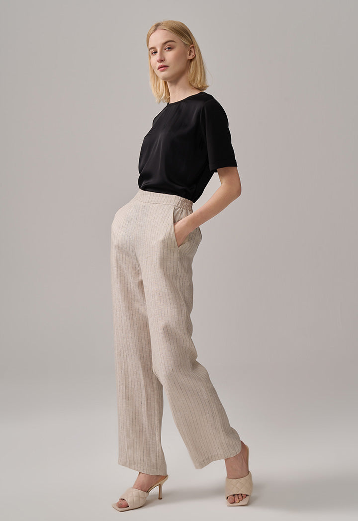 Choice Striped Wide Legs Linen Trousers Beige