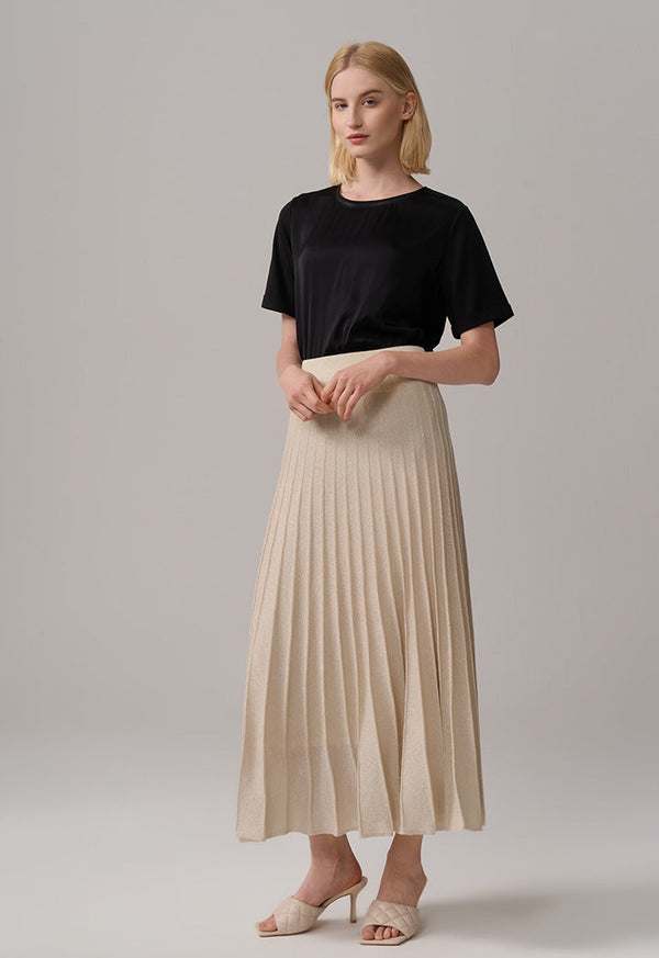 Choice Pleated Lurex Maxi Skirt Beige