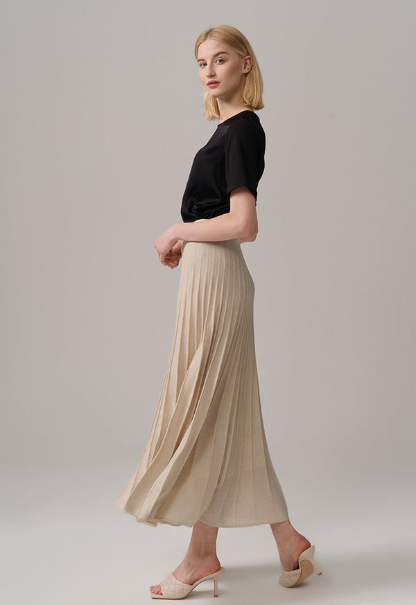 Choice Pleated Lurex Maxi Skirt Beige