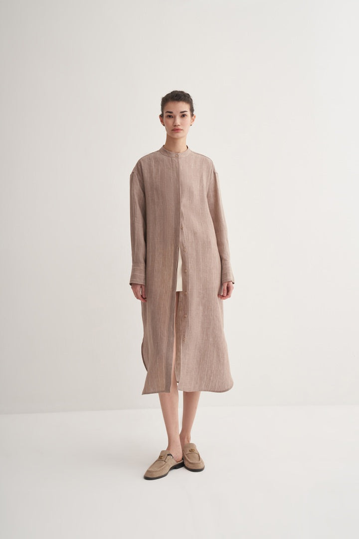 Kk Design 100% Linen Striped Shirt Dress Mink