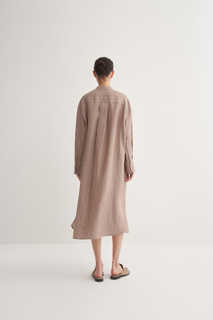 Kk Design 100% Linen Striped Shirt Dress Mink