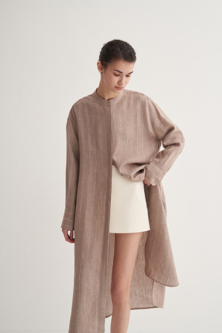Kk Design 100% Linen Striped Shirt Dress Mink