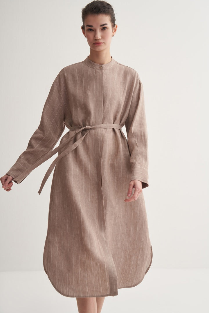Kk Design 100% Linen Striped Shirt Dress Mink