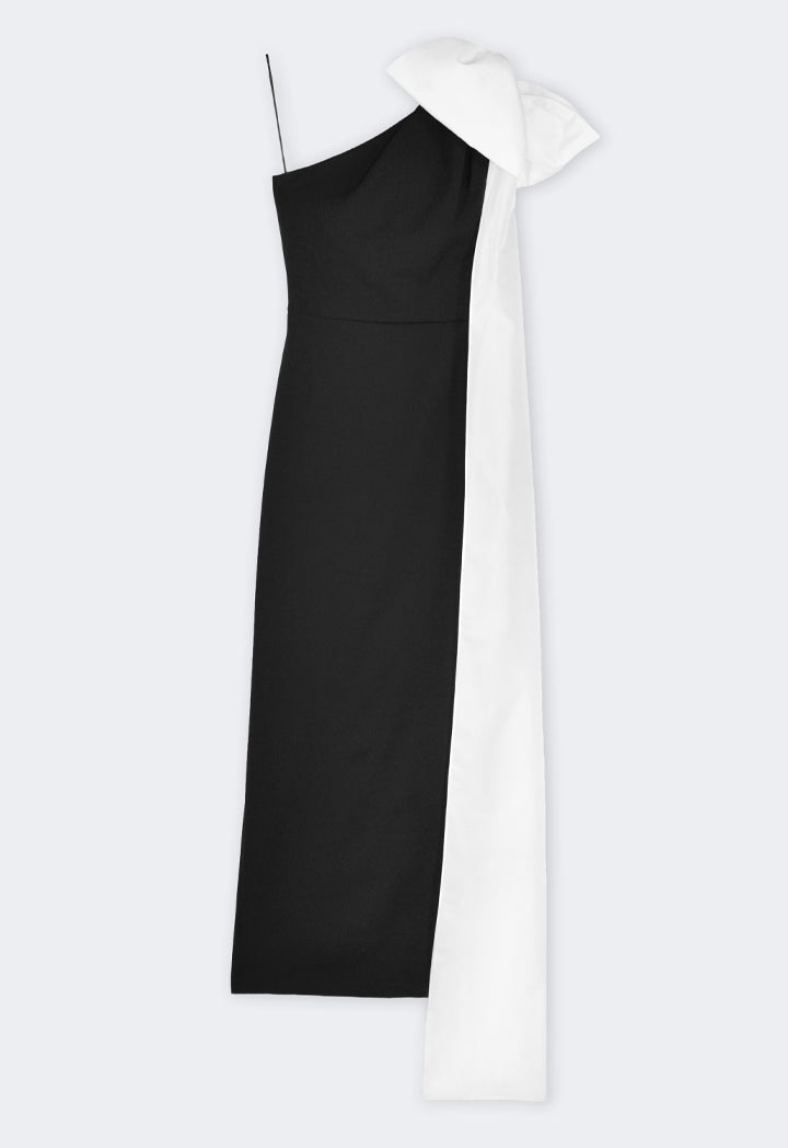 Riva One Shoulder Bow Detail Gown Dress Black-White