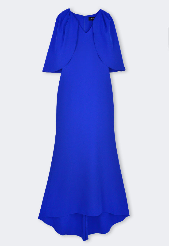 Riva High-Low Cape Gown Dress Cobalt