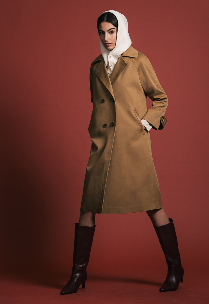 Choice Double Breasted Notched Collar Midi Trench Coat Camel