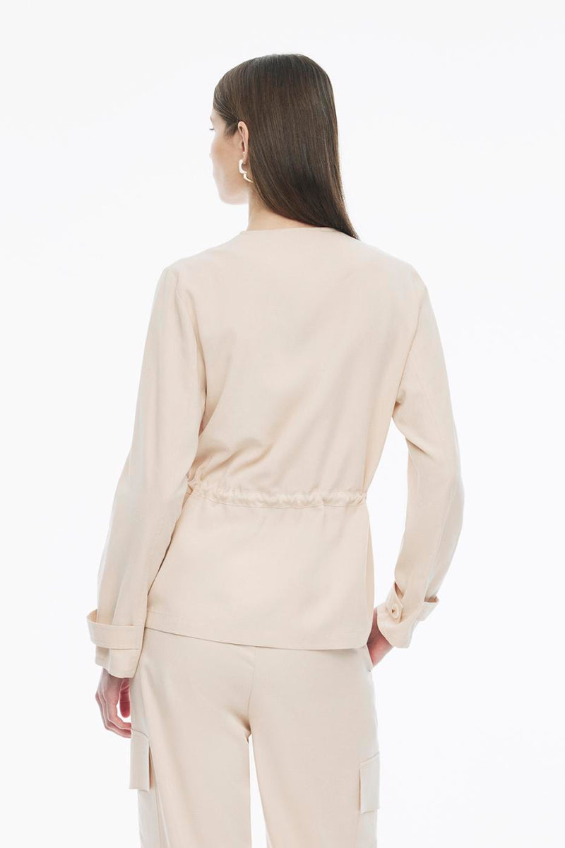 Perspective Round Neck Tencel Long Sleeve Blazer Beige