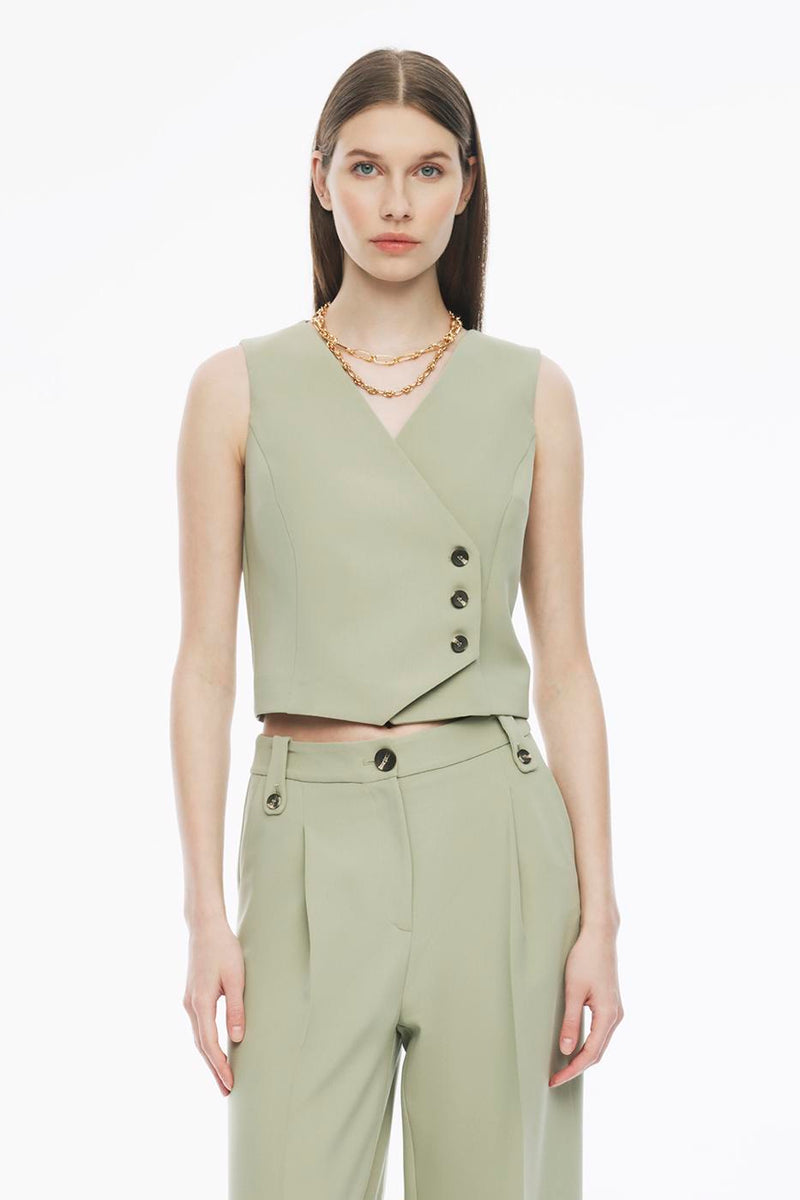 Perspective V-Neck Short Waistcoat Tea Green