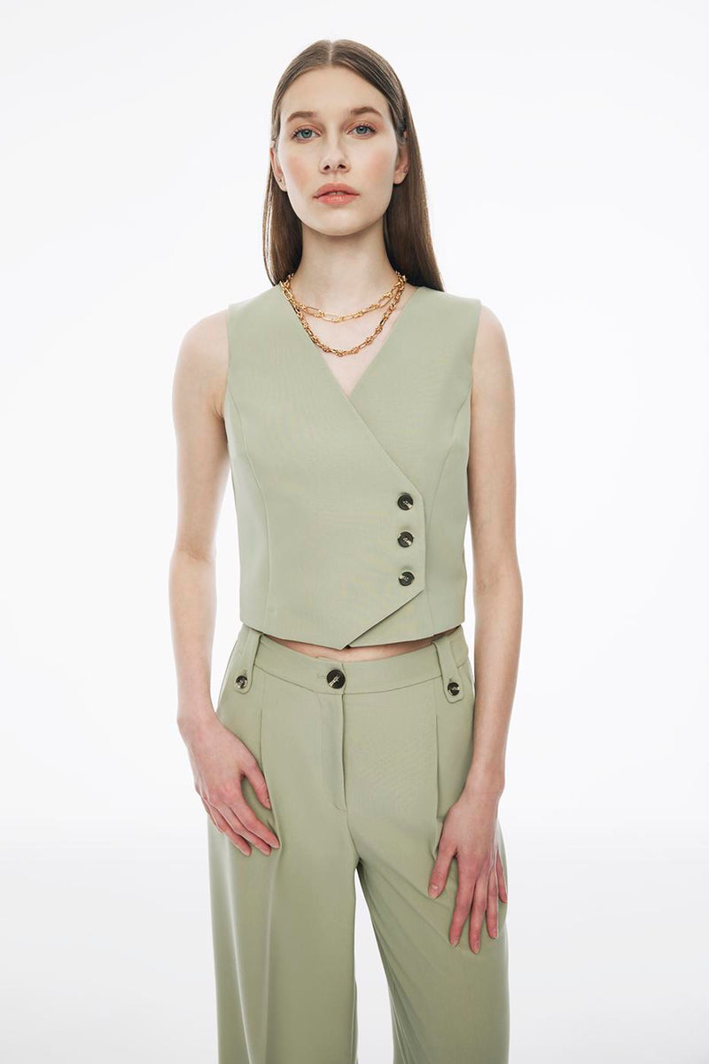 Perspective V-Neck Short Waistcoat Tea Green