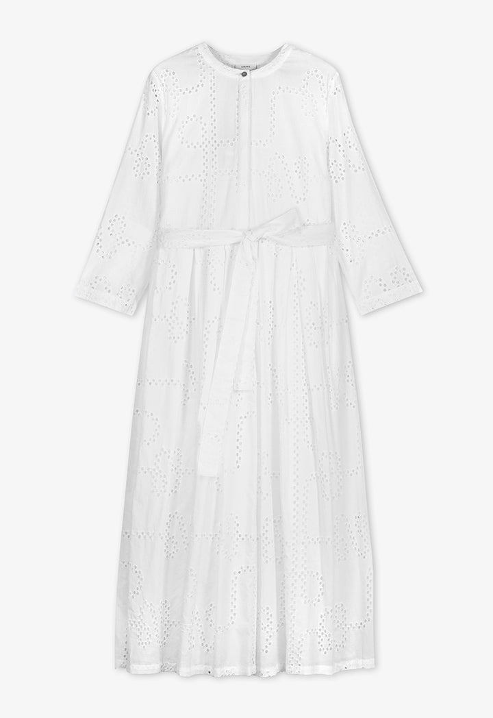 Choice Single Tone Schiffli Pleated Belted Dress Off White