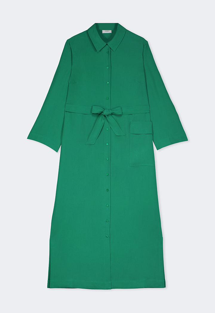 Choice Front Pocket Belted Shirt Dress Green