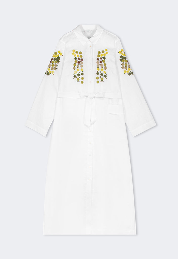 Choice Floral Embroidered Linen Shirt Dress Off White