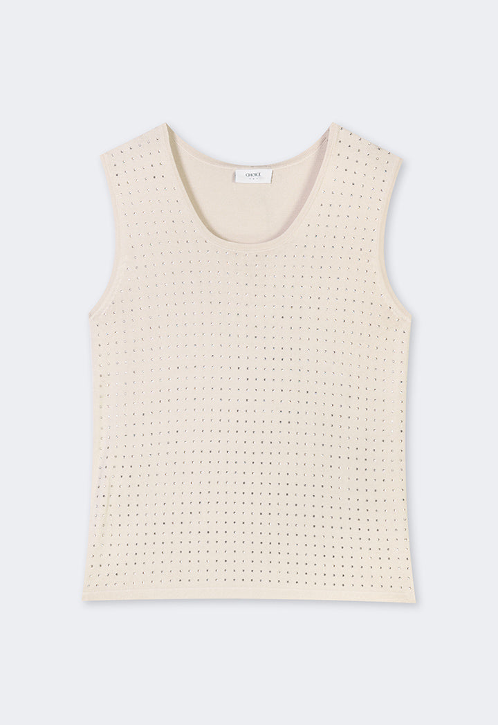 Choice Sleeveless Crystal Embellished Knitted Top Beige