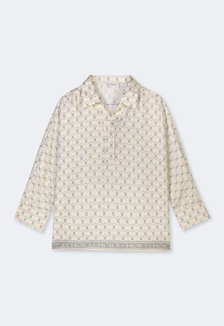 Choice Monogram Print Kimono Sleeves Shirt Beige