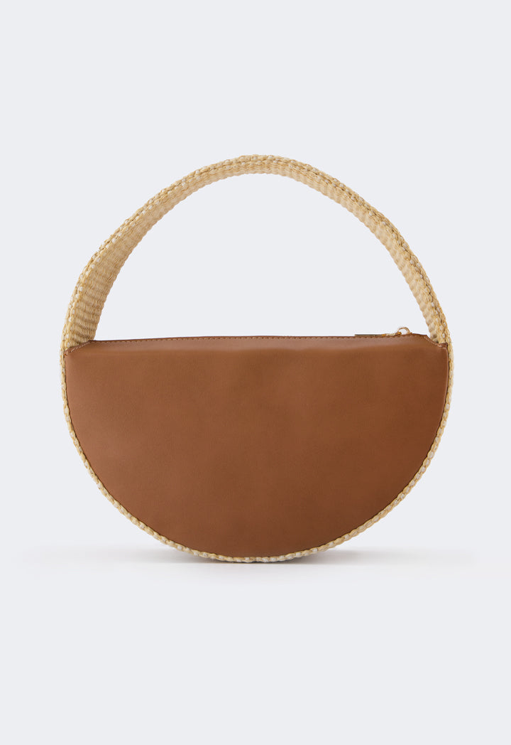 Choice Half Moon Raffia Pu Leather Handbag Camel