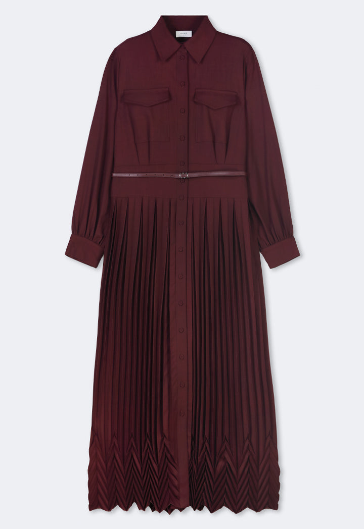 Choice Flap Pockets Pleated Dress Burgundy