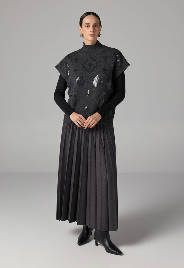 Choice Solid Sleeveless Sequins Knitted Top Grey