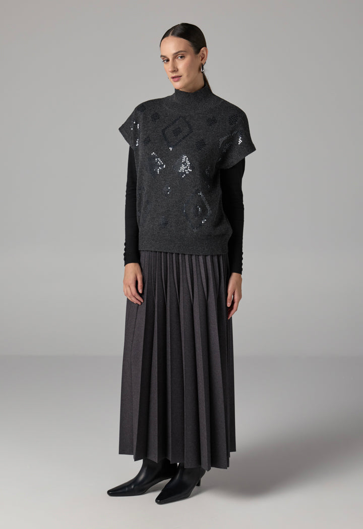 Choice Solid Sleeveless Sequins Knitted Top Grey