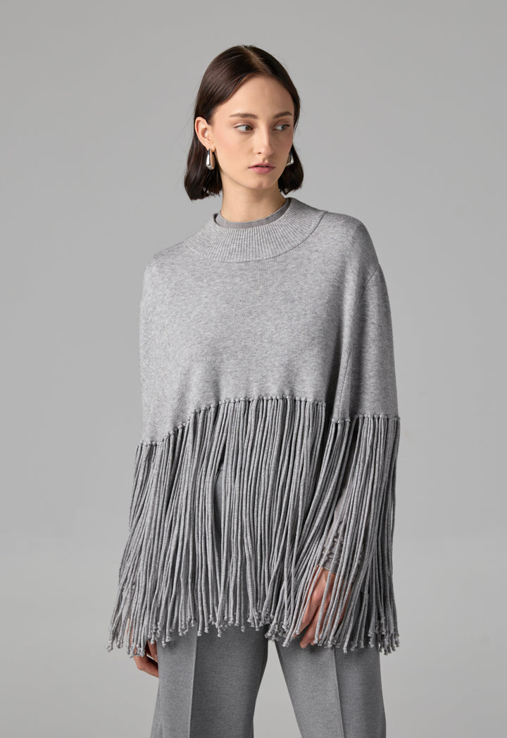 Choice Crew Neck Tassels Poncho Grey