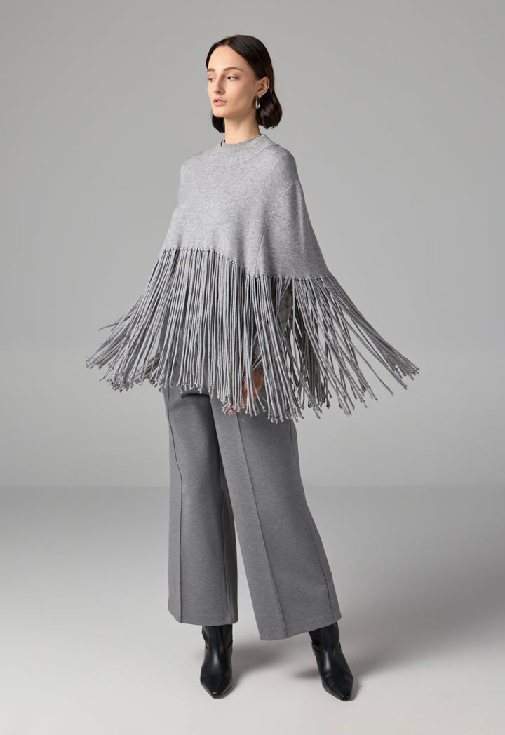 Choice Crew Neck Tassels Poncho Grey