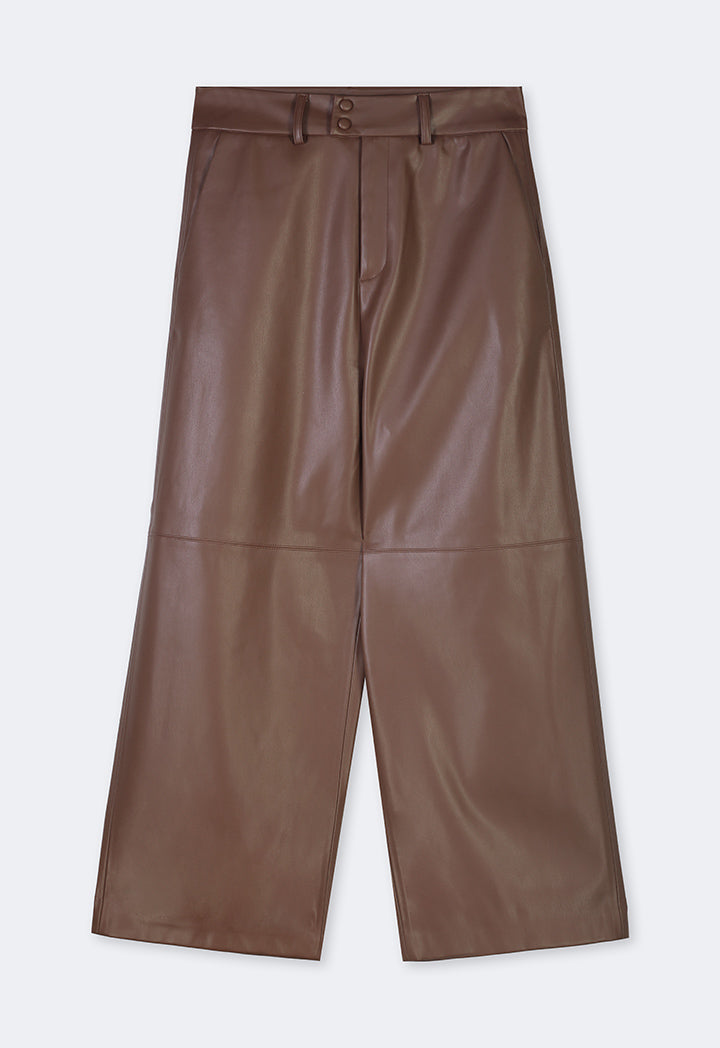 Choice Pu Leather Wide Legs Basic Trousers Brown