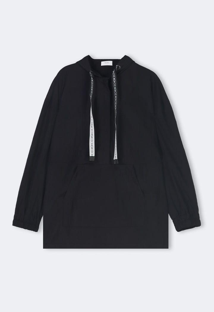 Choice Solid Hooded With Monogram Drawstring Pullover Black