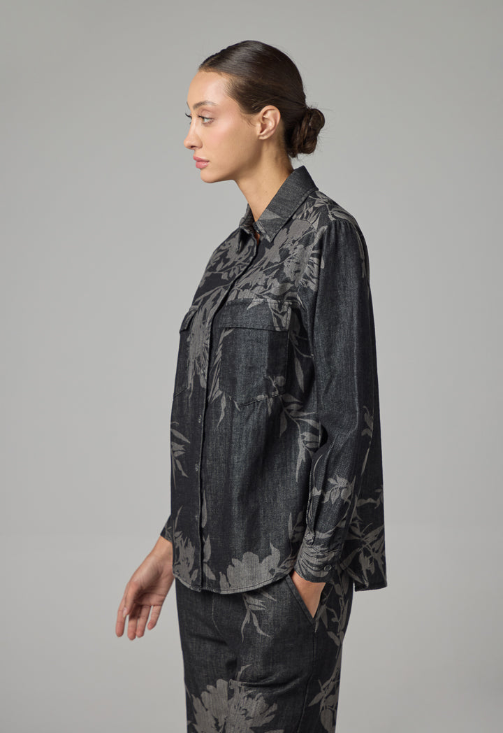 Choice Floral Print Denim Shirt Dark Grey