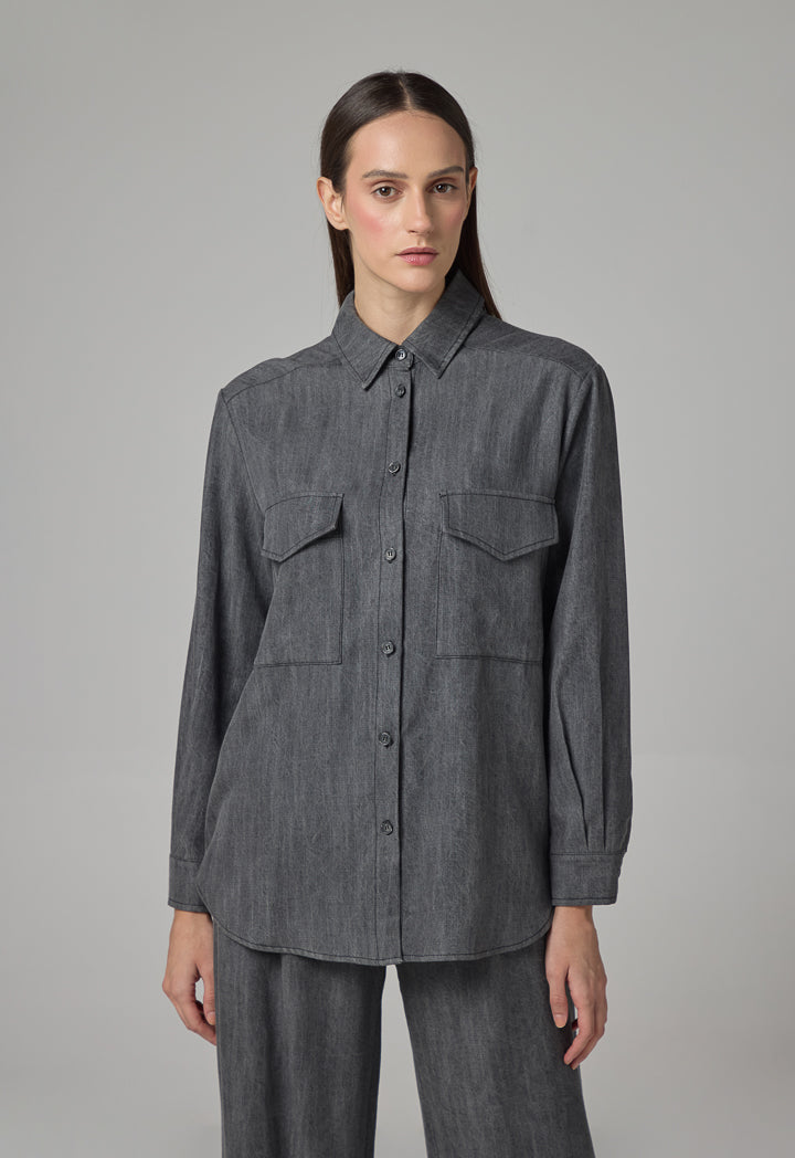 Choice Front Flap Pockets Denim Shirt  Grey