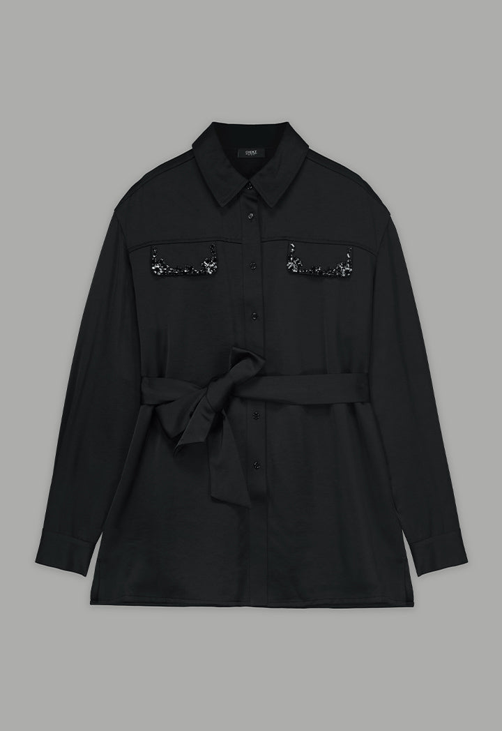 Choice Crystal Embellished Belted Shirt Black