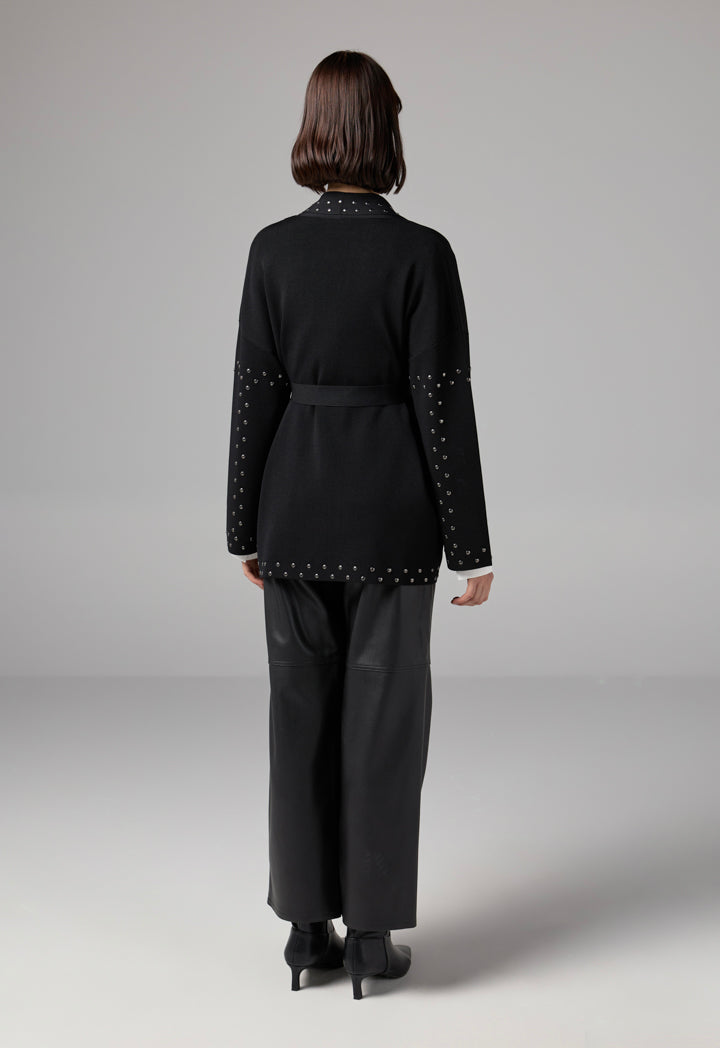 Choice Stud Detail Knitted Belted Cardigan Black