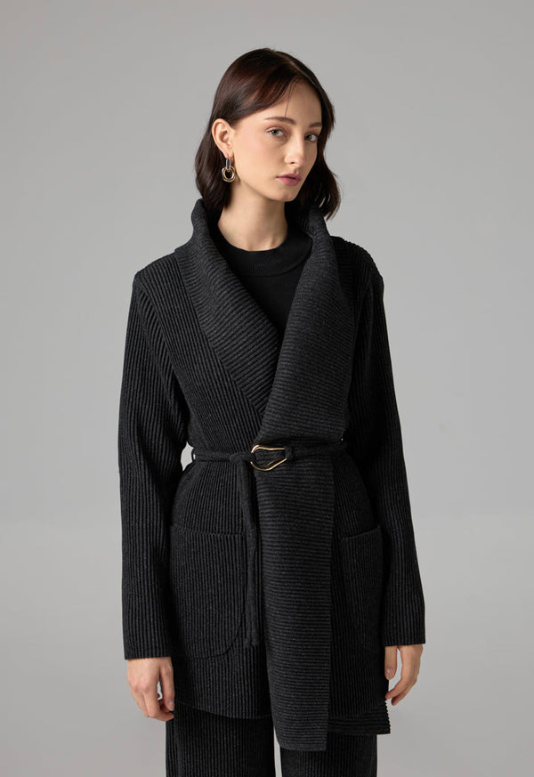 Choice Knitted Ribbed Belted Cardigan Black