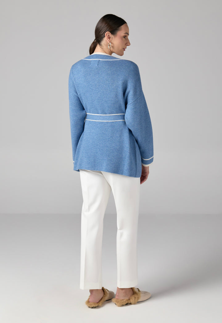Choice Front Pockets Knitted Belted Cardigan Blue