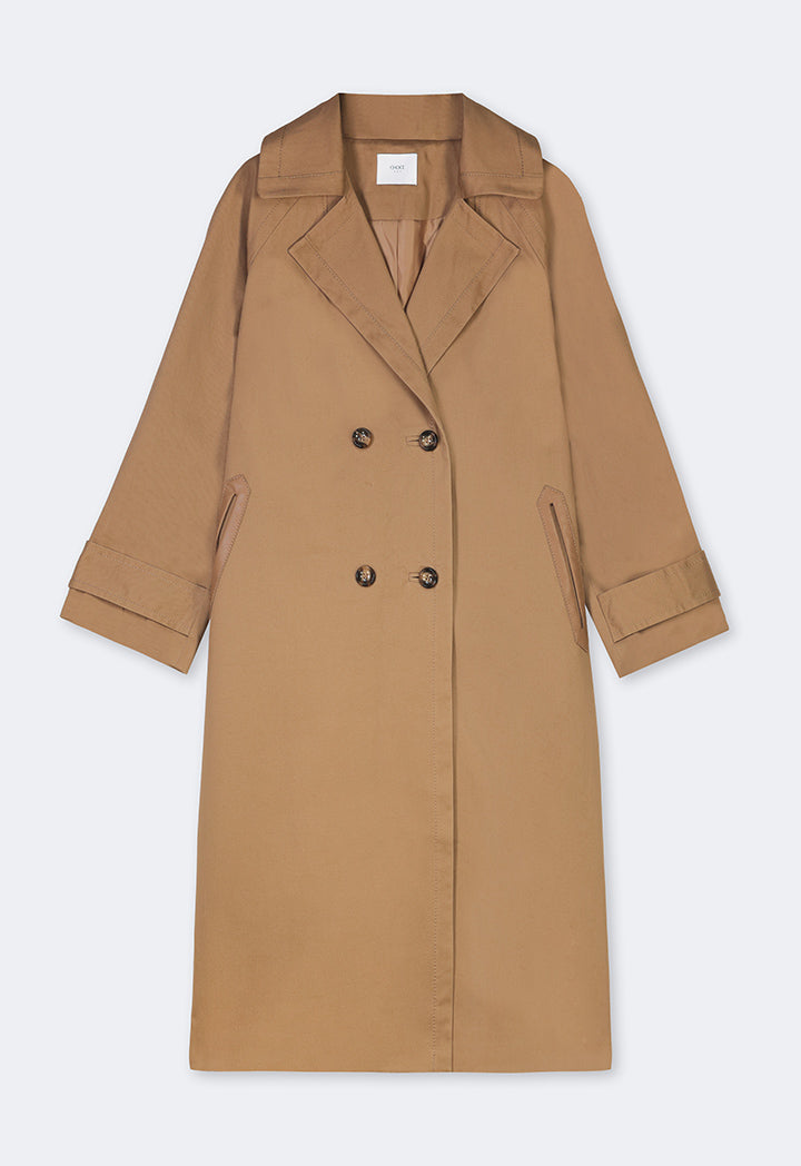 Choice Double Breasted Notched Collar Midi Trench Coat Camel