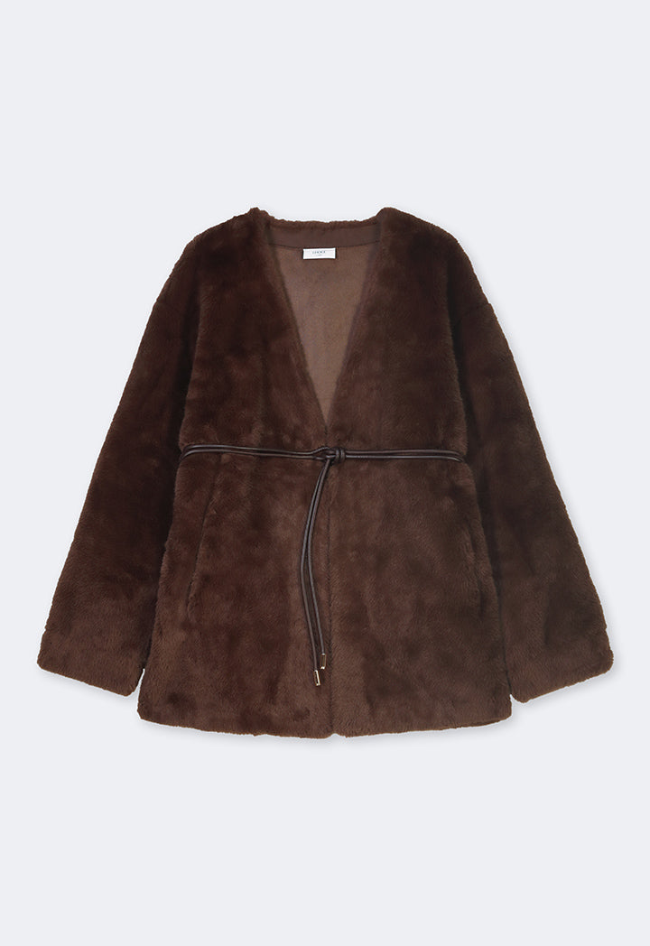 Choice Belted Faux Fur Poncho Brown