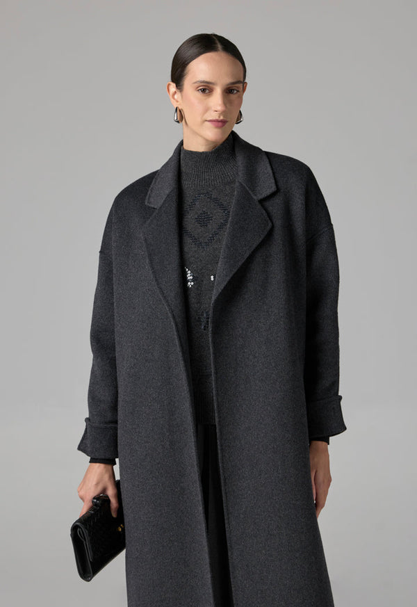 Choice Solid Handmade Midi Belted Coat  Grey