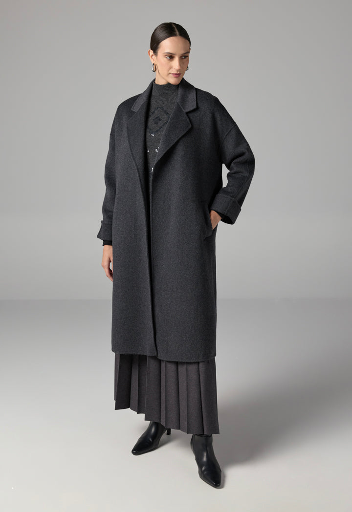 Choice Solid Handmade Midi Belted Coat  Grey