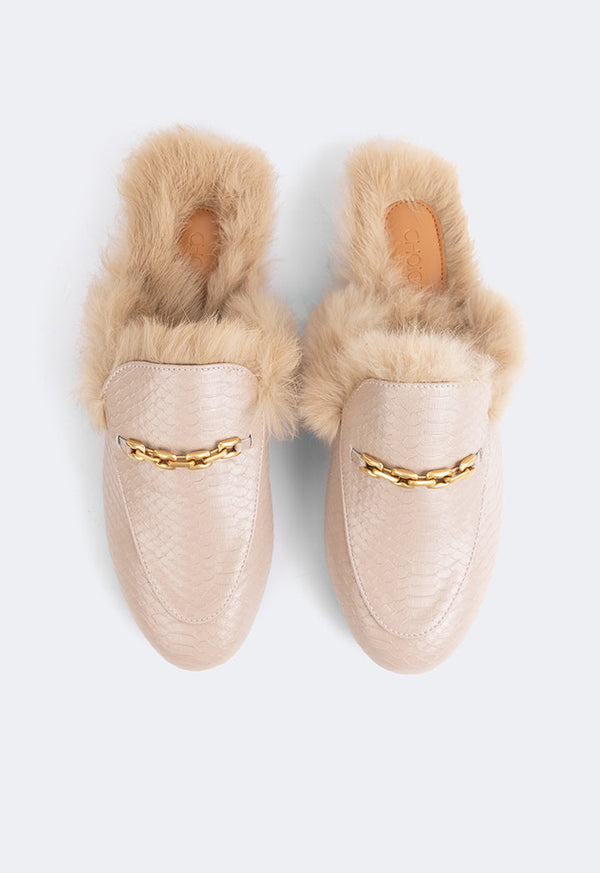 Choice Faux Fur Embellished Sole Mules Beige