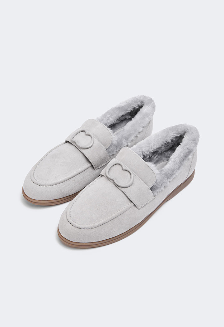 Choice Shearling Detailed Suede Loafers Grey