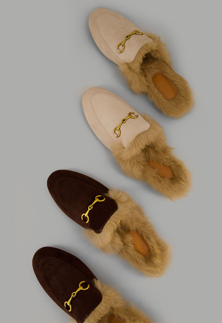 Choice Faux Fur Quilted Mules Dark Brown