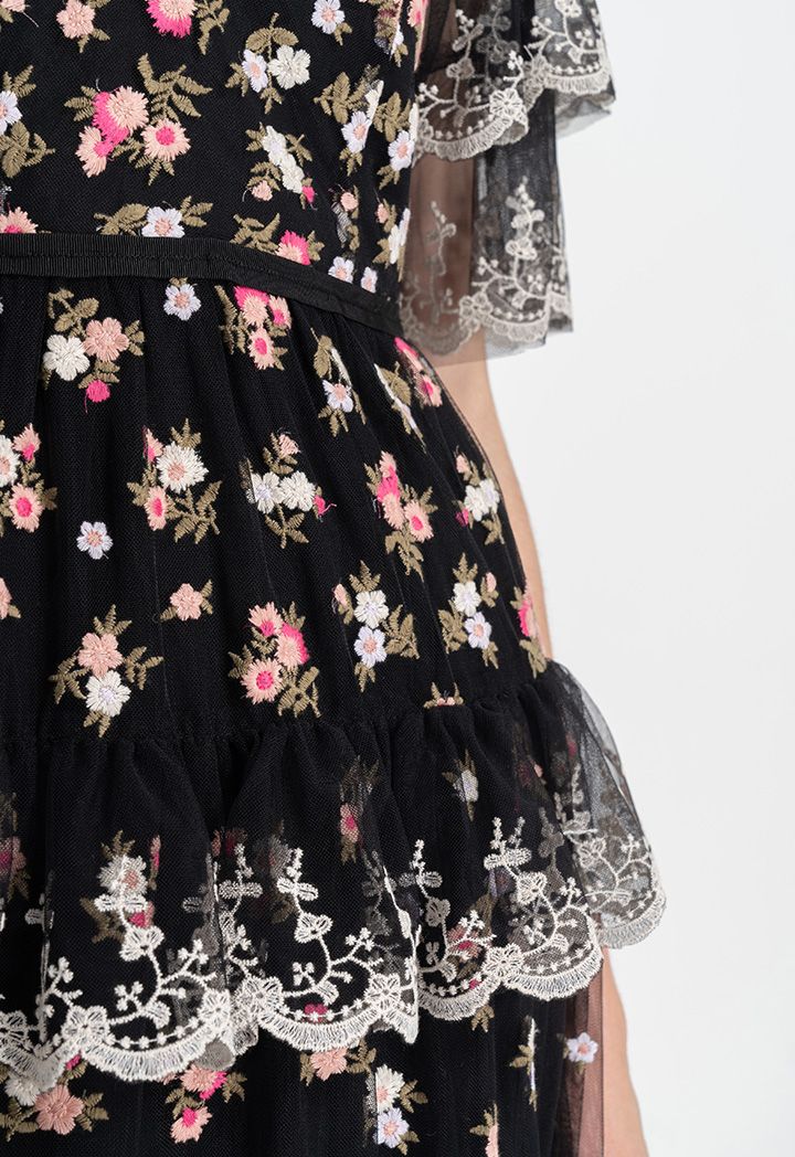 Choice All Over Embroidered Floral Layered Maxi Dress Black