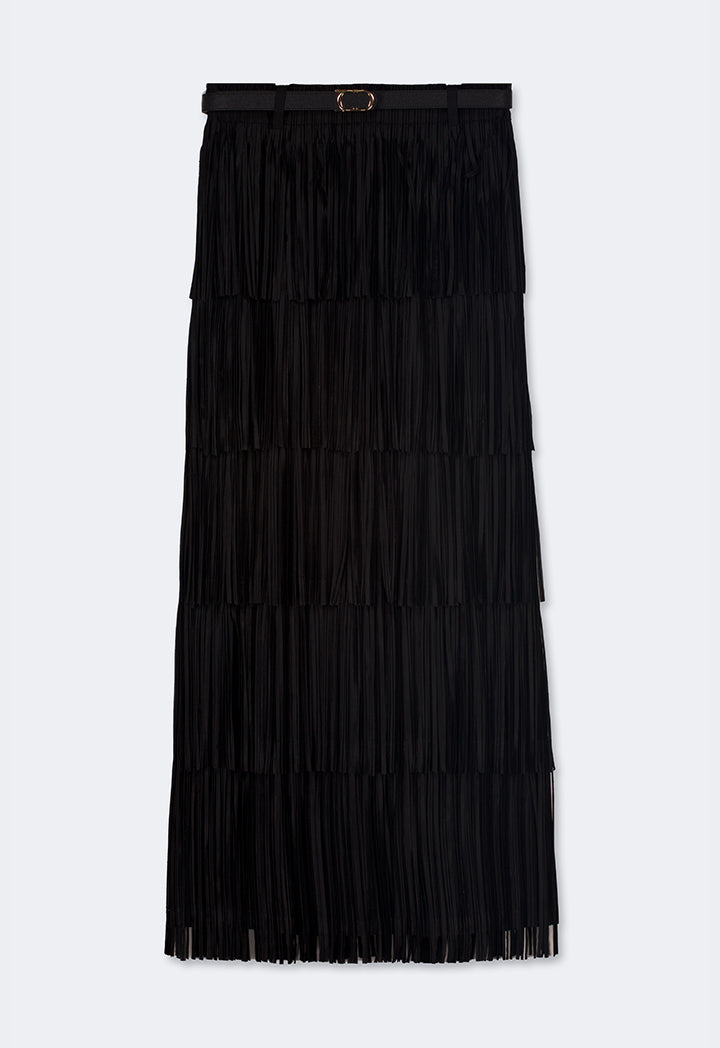 Choice Solid Pleated Fringe Maxi Skirt Black