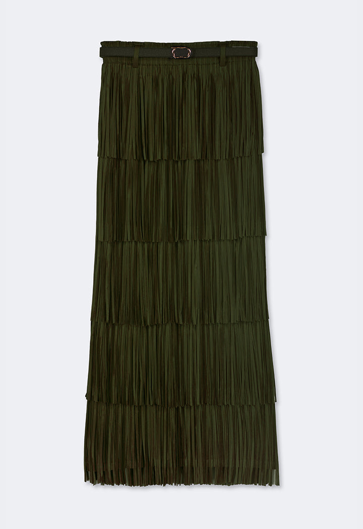 Choice Solid Pleated Fringe Maxi Skirt Khaki