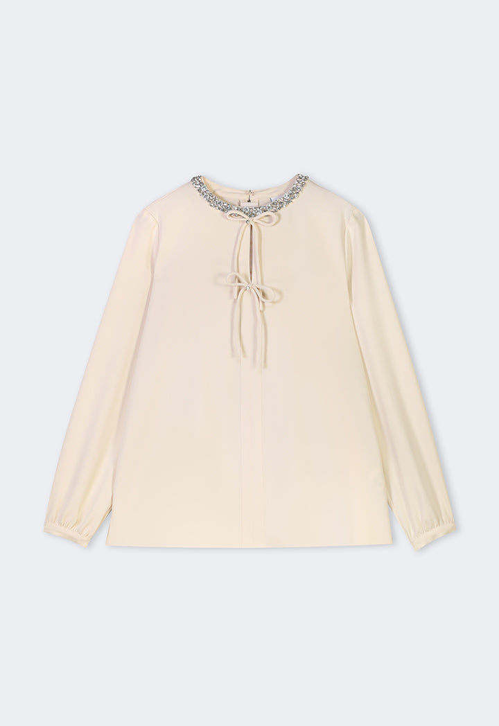 Choice Crystal Embellished Bow-Detail Blouse Beige