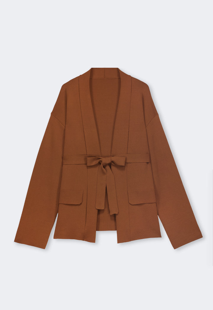 Choice Solid Knitted Belted Cardigan Brown