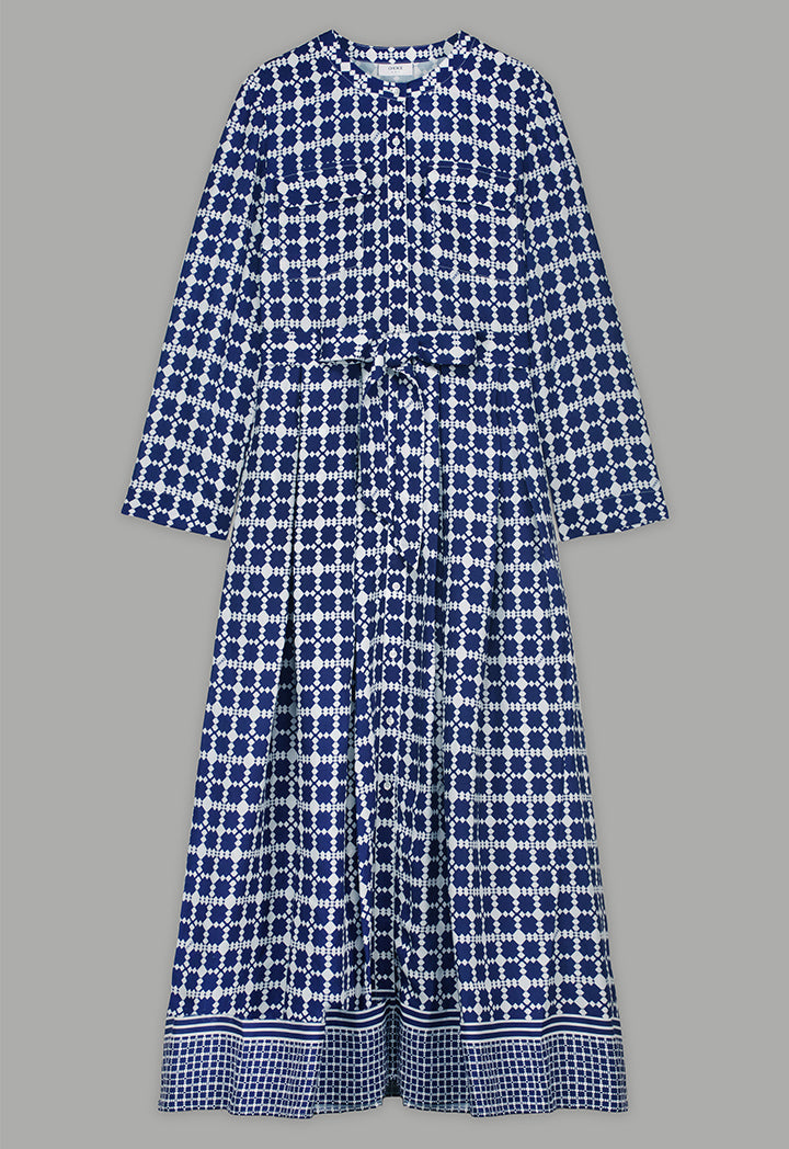 Choice Geometrical Print Pleated Belted Shirt Dress Multi Color