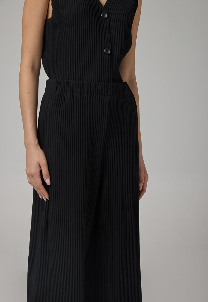 Choice Wide Leg Pleated Solid Trousers Black