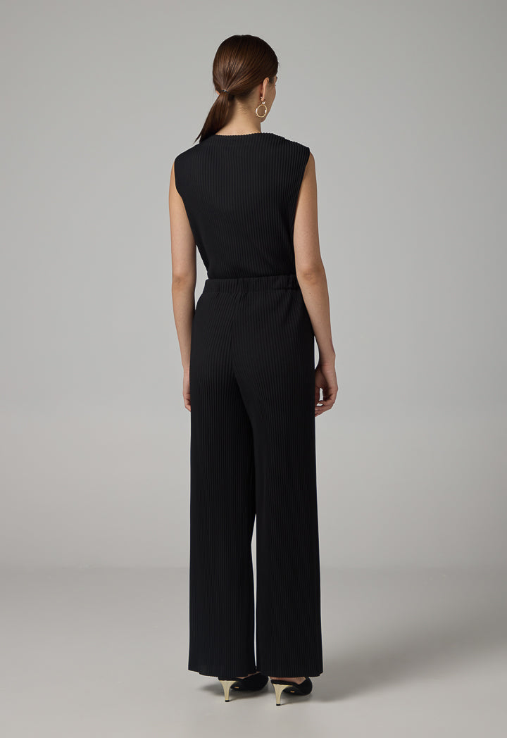 Choice Wide Leg Pleated Solid Trousers Black