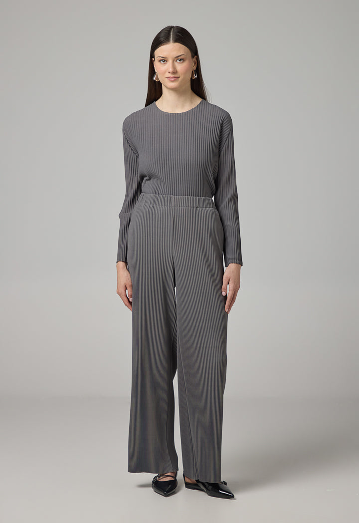 Choice Wide Leg Pleated Solid Trousers Grey